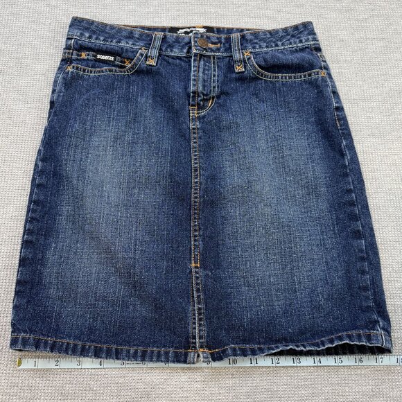 Squeeze Womens Denim Jean Pencil Skirt Above-Knee Blue Dual Color Stitching Sz 1 - Picture 10 of 11